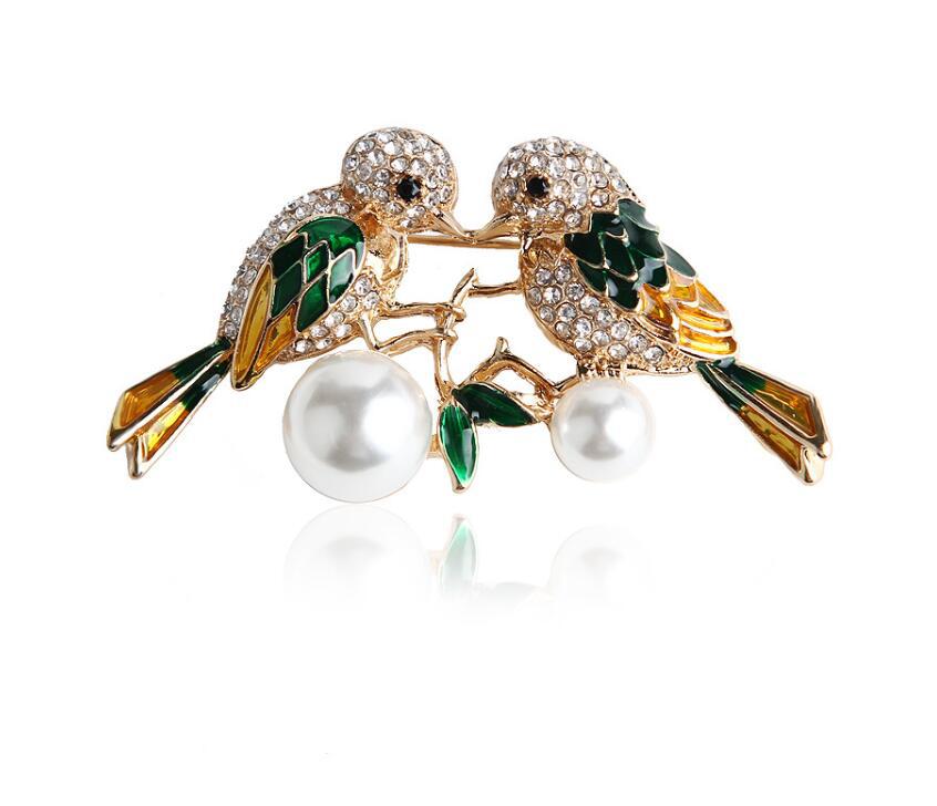 Magpie Couple Animals Paired Brooches Crystal Rhinestone Pearl Pins Luxury High Quality Clothing Badges Accessories For Lady