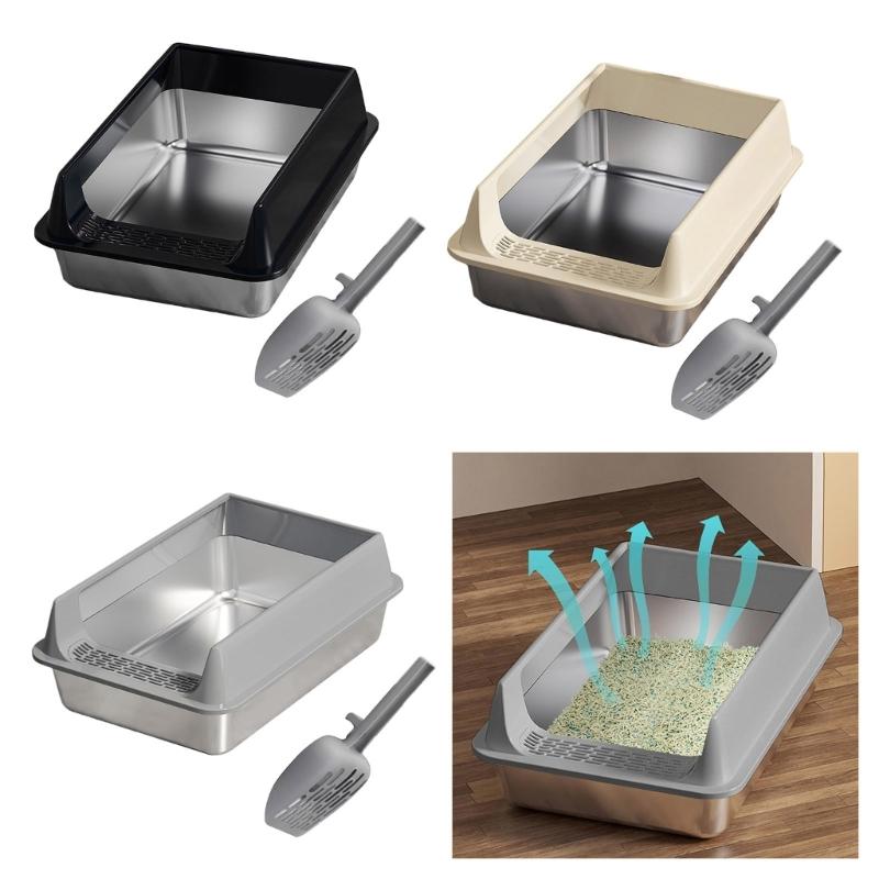 Large Half Enclosed Cats Litter Pan Stainless Steel AntiSplash Design Ventilation Litter Tray for Indoor Outdoor Cats