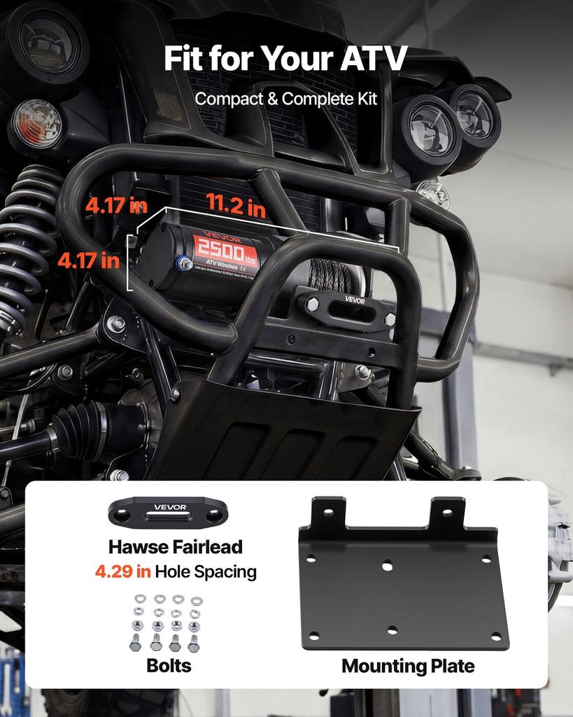 Wciągarka elektryczna 1134 kg, Wciągarka 12V DC do ATV/UTV z liną syntetyczną 4,8 mm x 12 m i przewodowym pilotem zdalnego sterowania, Wodoodporność IP55, Rolka prowadząca z aluminiową obudową