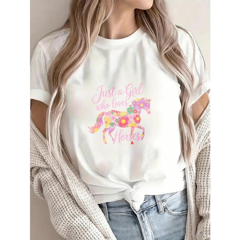 Weißes T-Shirt mit floralem Pferd und Aufdruck 'Just A Girl Who Loves Horses' für Freizeitkleidung