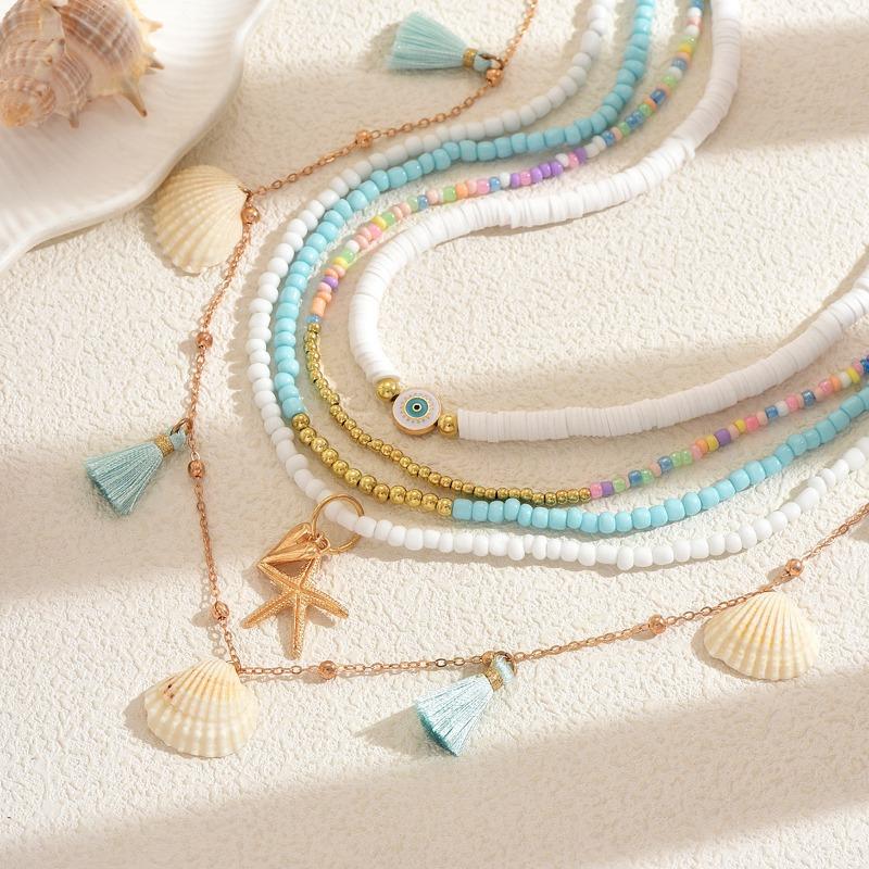 Accessories, Bohemian soft pottery beaded necklace, personalized starfish shell pendant stacked necklace for women