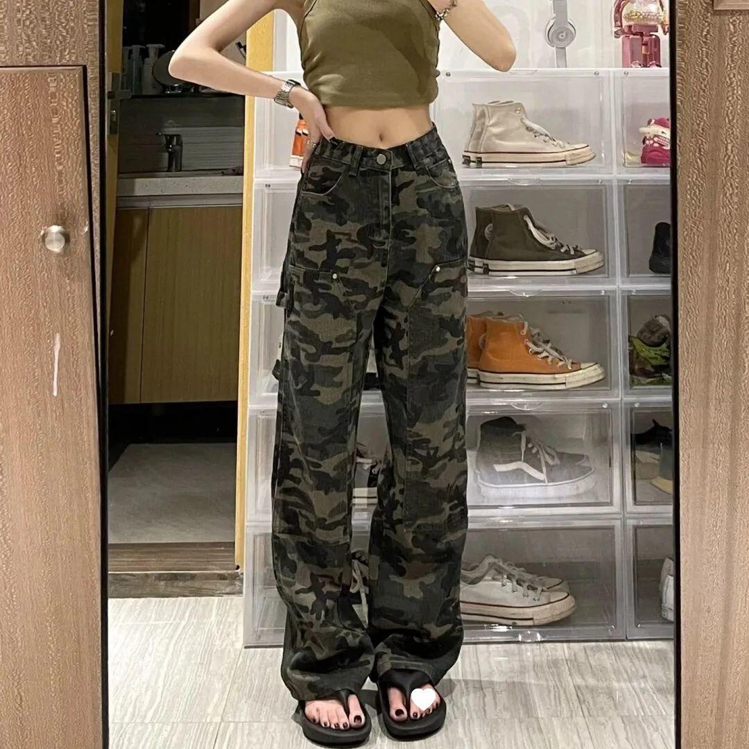 

Women s Autumn Army Green Camouflage Tie-Dye Wide-Leg Jeans - High Street Style, Loose Fit, Korean-Inspired Design M камуфляжный