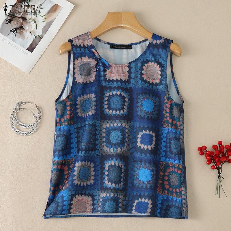 ZANZEA Women Casual Round Neck Loose Print Sleeveless Tank Tops