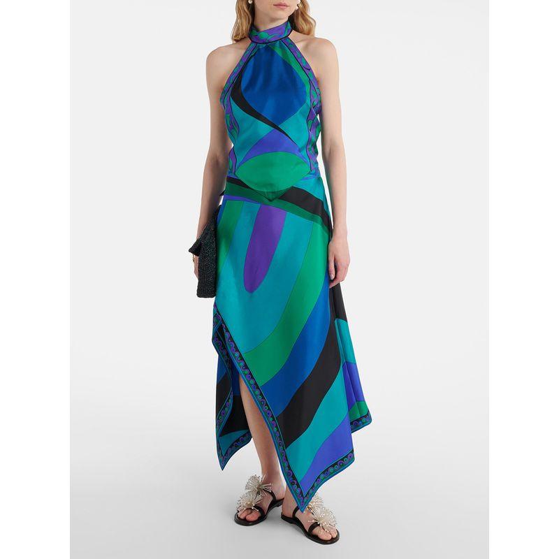 

New Print Satin Hanging Neck Backless Top Irregular Skirt Two-piece Suit Blue XL