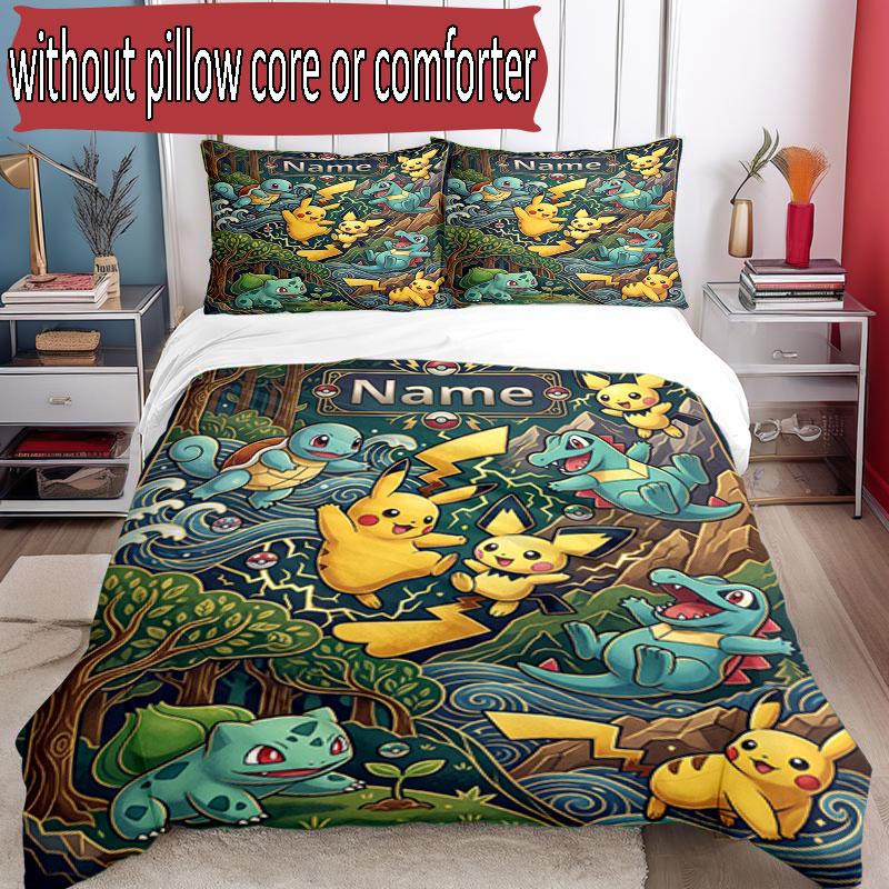 3-teiliges Bettbezug-Set (1 * Bettbezug + 2 * Kissenbezug, ohne Kern), Benutzerdefinierter Name Pokemon Muster Bettwäsche Set, Heim Schlafzimmer Dekor Geschenk