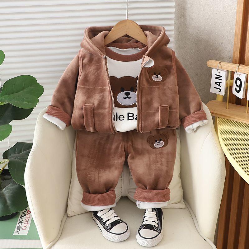 Baby Boys Clothing Set Autumn Winter Cartoon Thick Hooded Jacket Coat Pants 3Pc Suit for Kids Warm Outfits