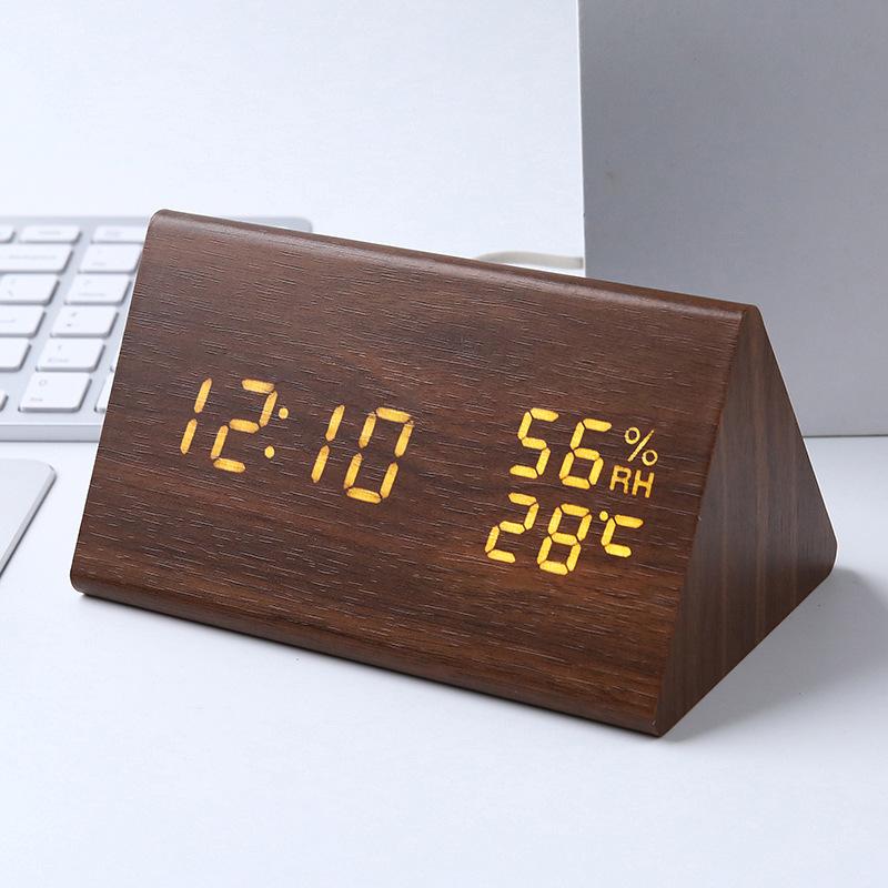 Intelligent Voice controlled Temperature and Humidity Meter Wooden Clock Triangle Electronic Digital Clock Wooden Temperature and Humidity Alarm Clock
