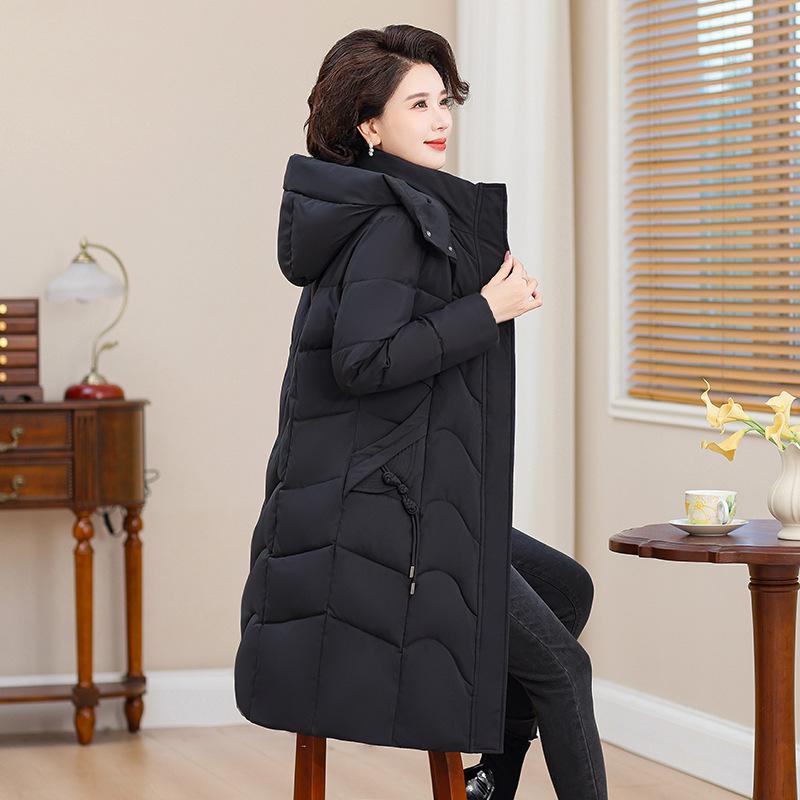 Middle-aged and Elderly Plus Size Cotton-padded Jacket Girls' Long Hooded Winter Mother Temperament Knee-thick Down Cotton-padded Jacket.