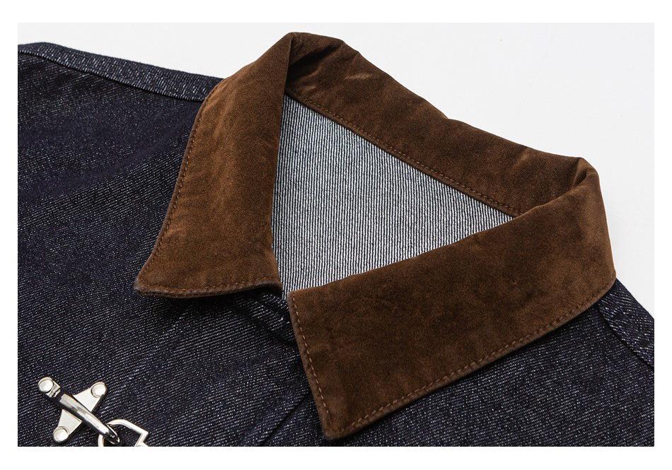 Giacca in denim blu retrò classica da uomo con design a fibbia di aeroplano, Modello W503.