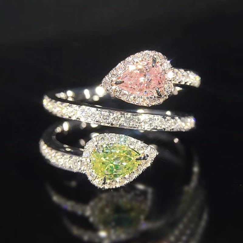925 Silver Shiny Full Diamond Emerald Drop Ring Heart Ring 18K Gold Heart-Shaped Cut Pink Cubic Zirconia Rings CZ Diamond Halo Cocktail Rings