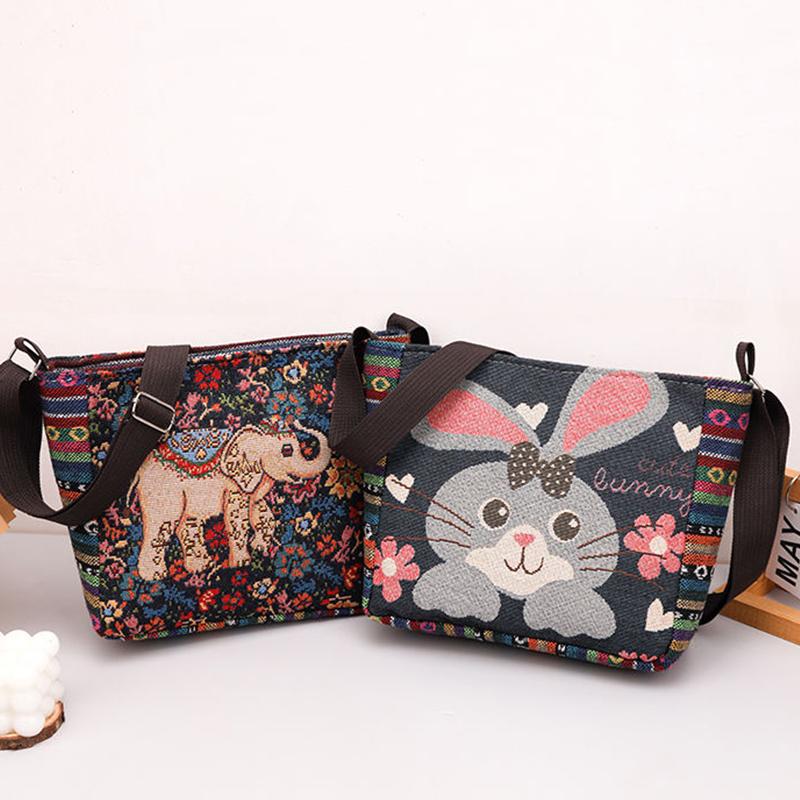 Yogodlns Håndveske i etnisk stil Broderi Elefant Lerret Dame Skuldervesker Dagligvareoppbevaringsveske Stor kapasitet Crossbody-veske