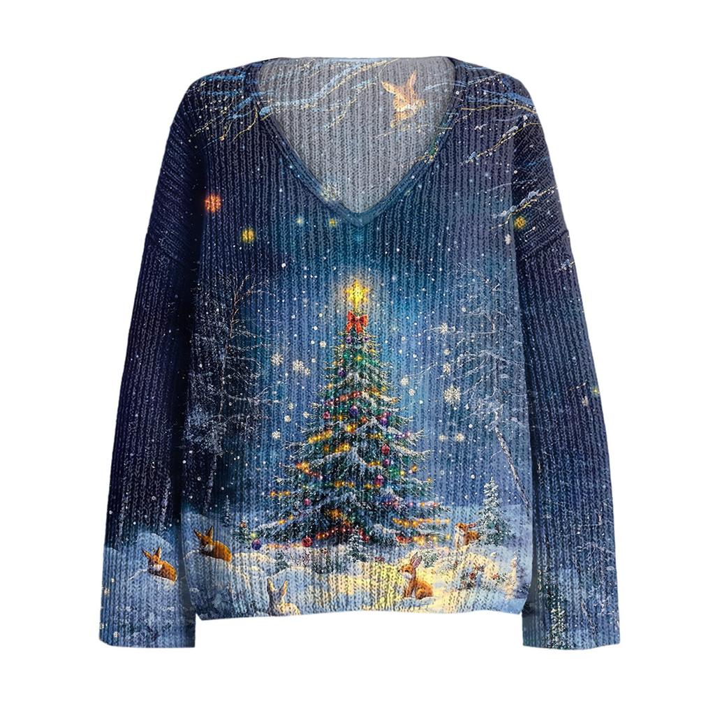 Damenmode Lässig Langarm Weihnachts-Schneeflocken-Druck V-Ausschnitt Oberteil