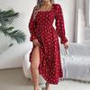 Elegant Women Solid High Waist Pleated Dress Long Sleeve Dot Lace Up Autumn Winter