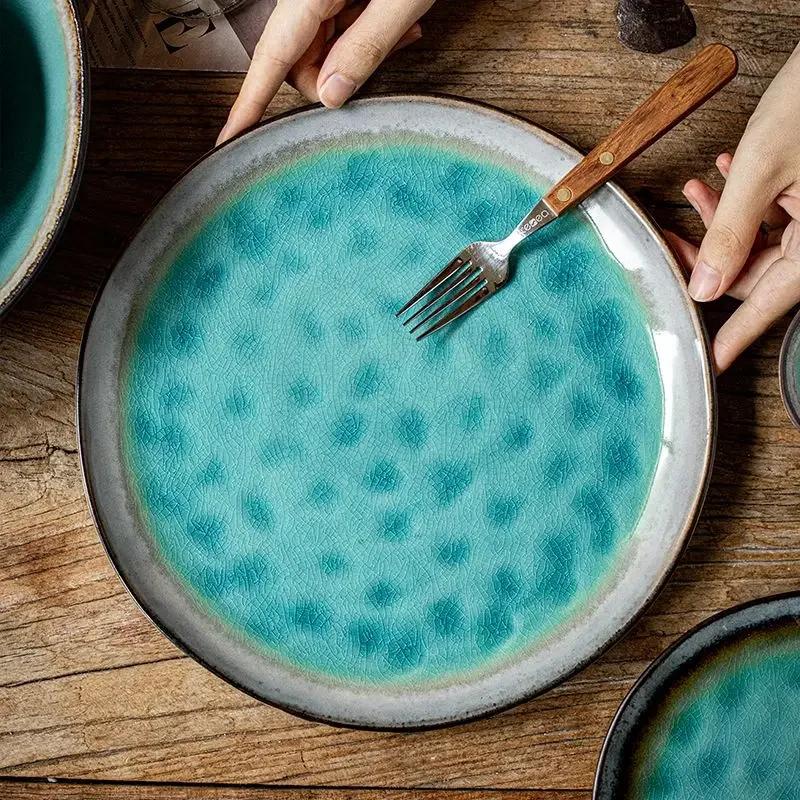 11 Inches Blue Ceramic Dinner Plate Irregular Western Food Steak Pasta Plate Hotel Restaurant Fruit Salad Dessert Dishes Cutlery