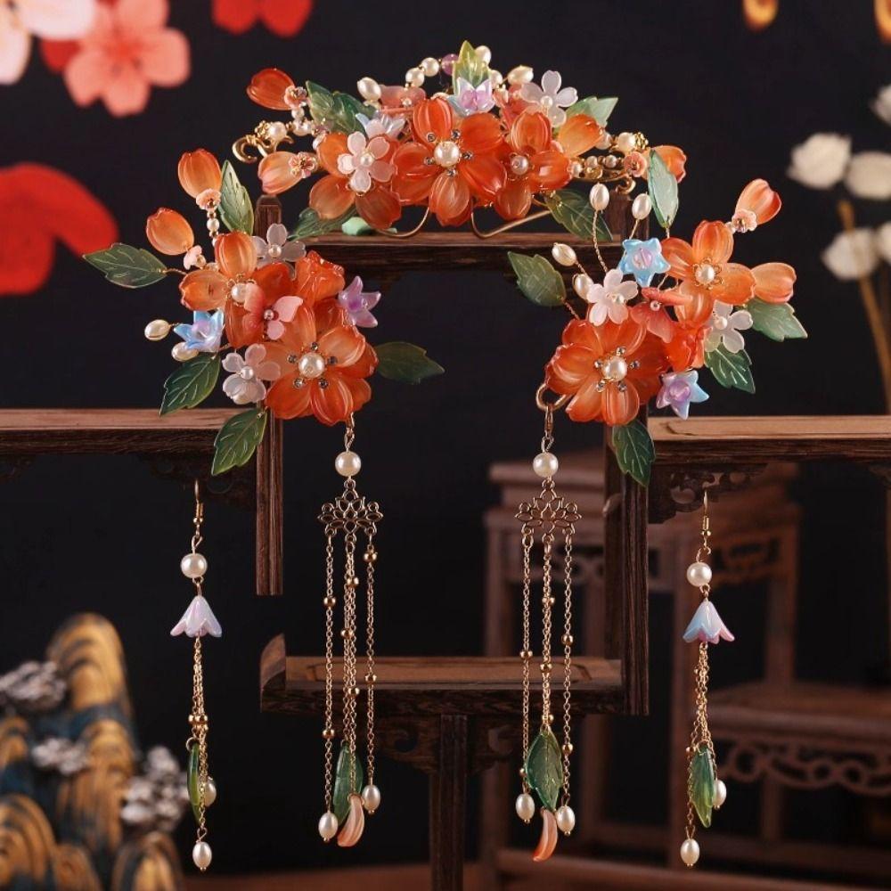 Earring Hanfu Hair Stick Pearl Flower Hair Comb Chinese Style Hairpin Set  Hairstyle Design Tool