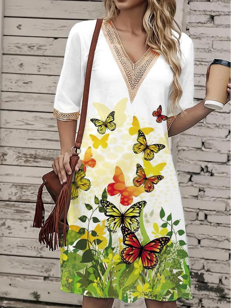 2025 Spring/Summer Lace V-Neck Print Midi Dress with Loose Hem