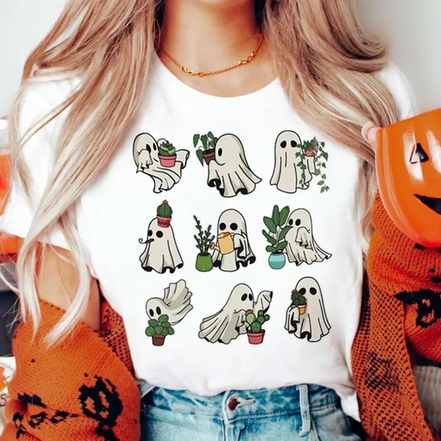 

Cute Ghost Halloween Plants Lover Printed T-Shirt Clothing Women s Short Sleeved Casual Style Summer O-Neck T-Shirt Cartoon Top XXXXXL білий
