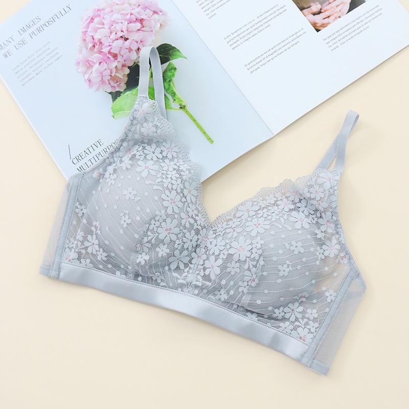 Spring and summer silk bra thin rimless lace small floral sexy mulberry silk underwear small bra M