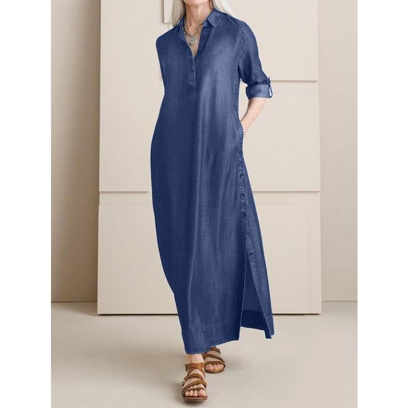 JPNTKY Women's Fashion Spring Autumn Solid Color Print POLO Neck Long Sleeve Casual Dresses