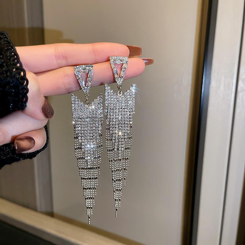 European and American Silver Needle Zircon Fringed Earrings Light Luxury High-end Atmospheric Earrings Niche Earrings Women