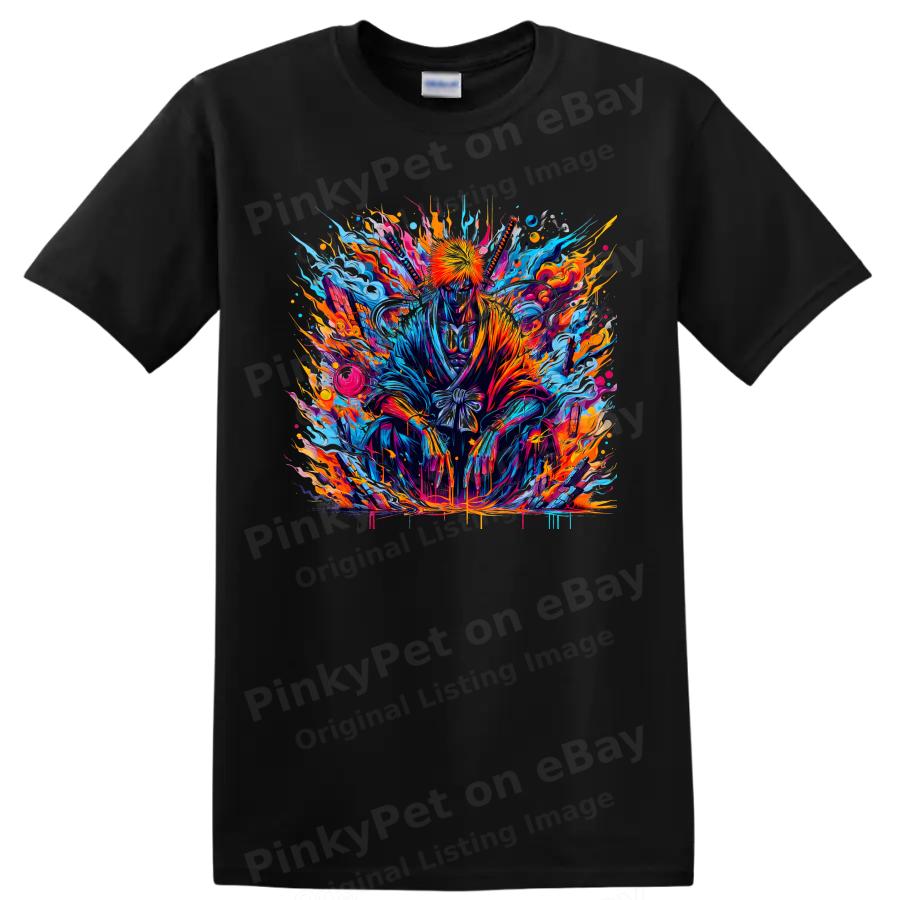 Ichigo Kurosaki Anime Warrior T Shirt w/ Dual Swords Neon Fire Graphic Cool Tee