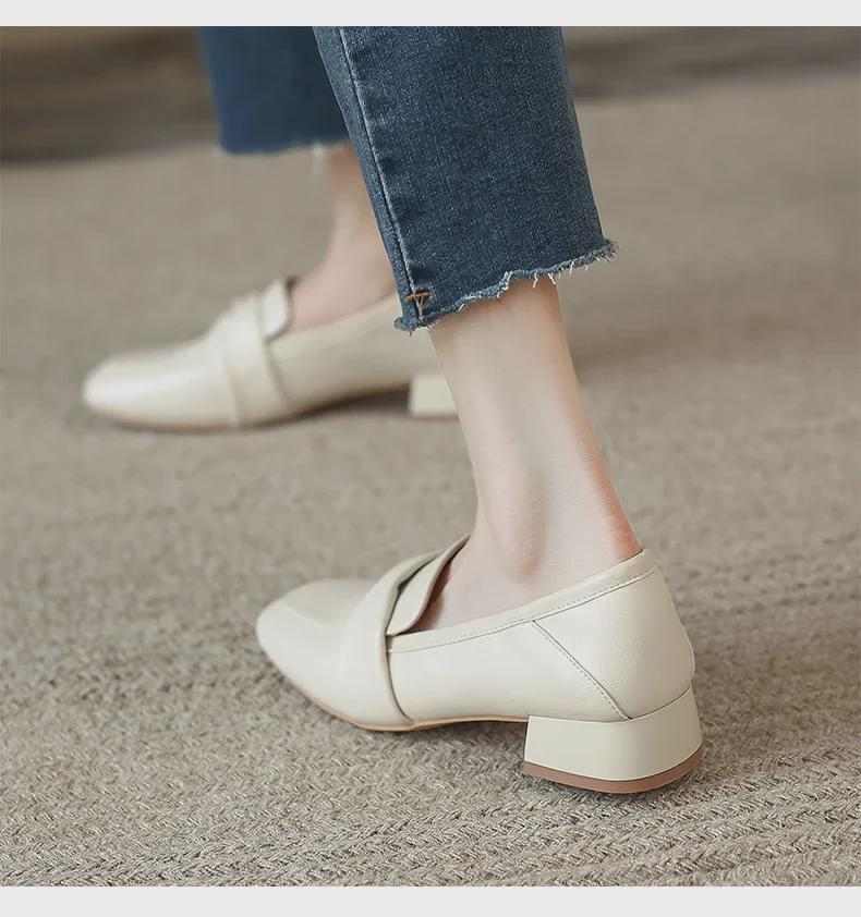 ZHR Women's Thick Heel Square Toe Loafers - Summer 2023 British Style Slip-on Leather Shoes