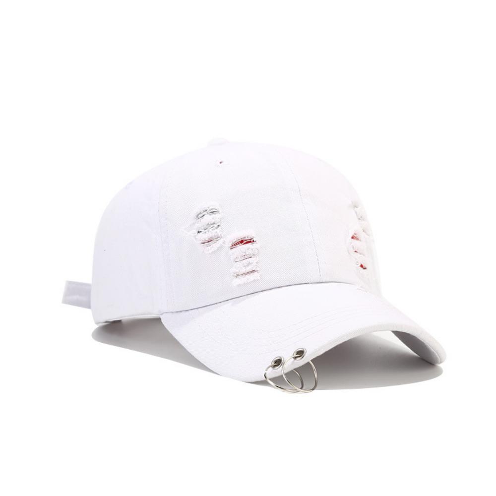 Punk Hip-Hop Uniform Dubbellaagse Metalen Ring Handgemaakt Verweerd Gat Ontwerp Denim Baseballpet One Size white