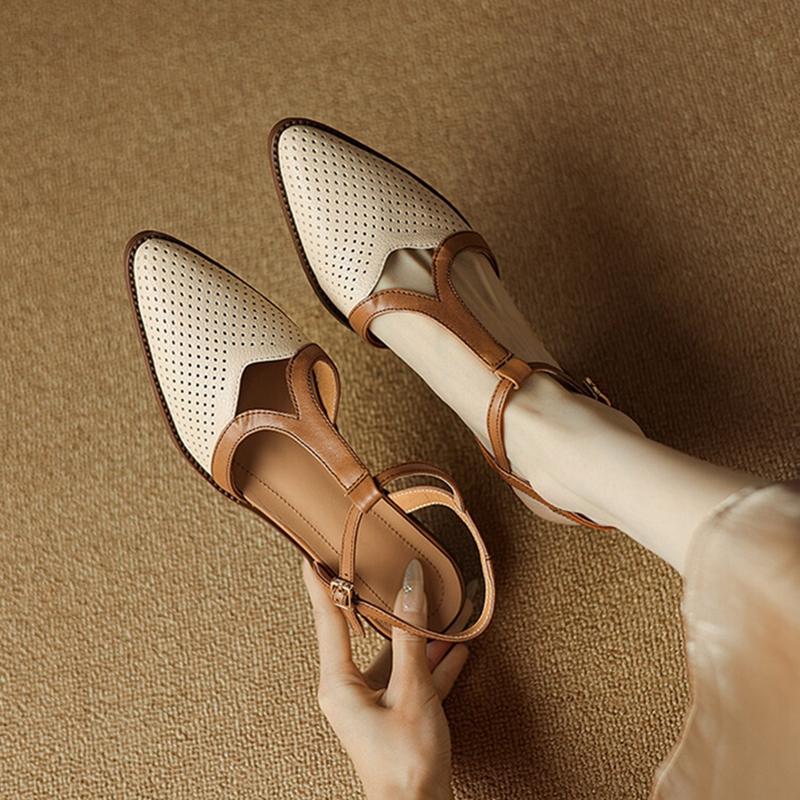 Fashion NEW Summer Women Sandals Split Leather Shoes for Women Simple Pointed Toe Chunky Heel Shoes Cover Toe Slingback Designer Sandals