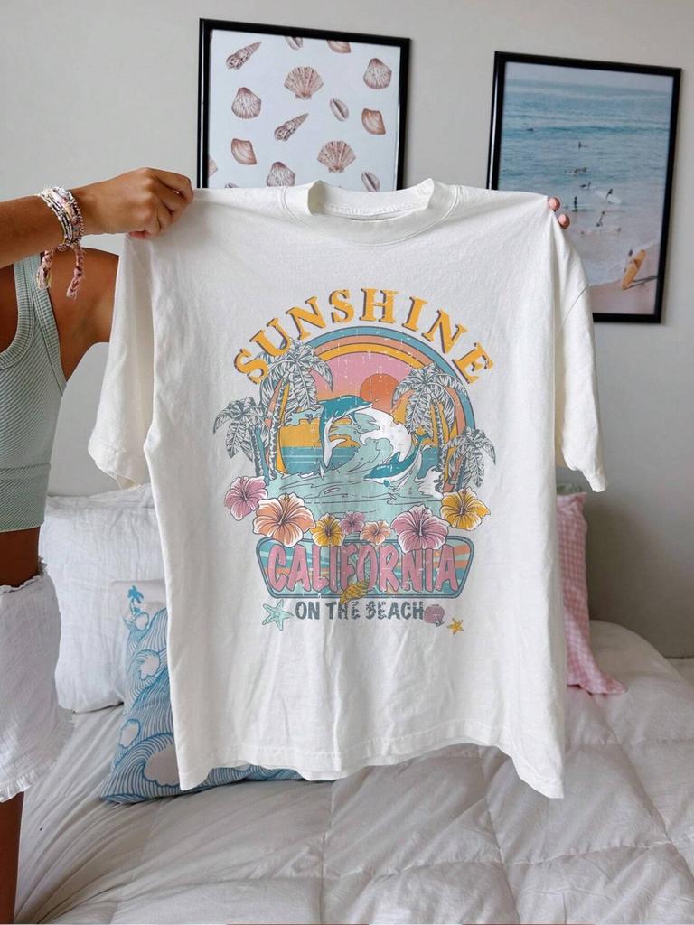 Sunshine California On The Beach Letter Graphic Tshirt Women Casual Short Sleeve Cotton Oversize Clothes Street Loose T-Shirt