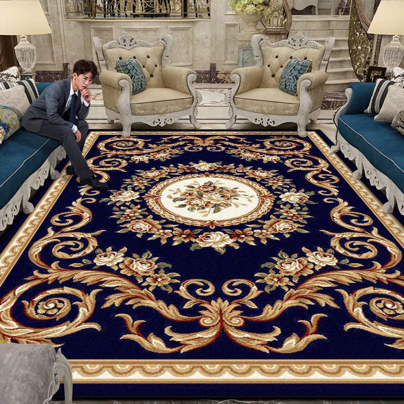 Luxury Large Living Room Rug Non-slip Flower Design Blue Sofa Table Mat Border Design Soft Lounge Rug Machine Washable Flannel