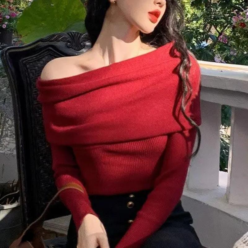 Deeptown Korean Style Knitted Sweater Women Elegant Off Shoulder Female Jumper Harajuku Fashion Gyaru Sexy Pullover Aesthetic
