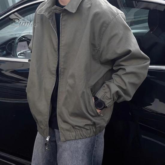 Men Coat Lapel Collar Long Sleeve Solid Color Jacket with Pockets Loose Fit Street Style Casual Outerwear