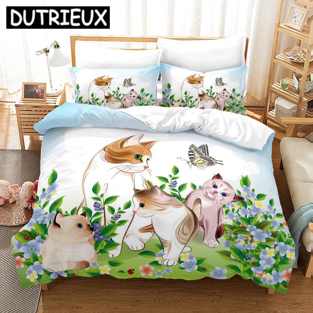 Cartoon Funny Cute Cat Duvet Cover Set 3D Polyester Pillowcases Quilt Cover Home Decor Gift Twin King Queen Bedding Set