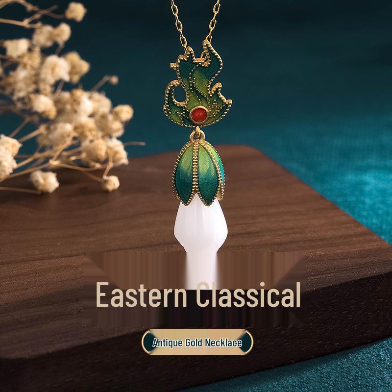 

24K Gold-Plated Hanfu Pendant Necklace with Magnolia, Clouds, and Hetian Jade Accents 24K Gold Plated