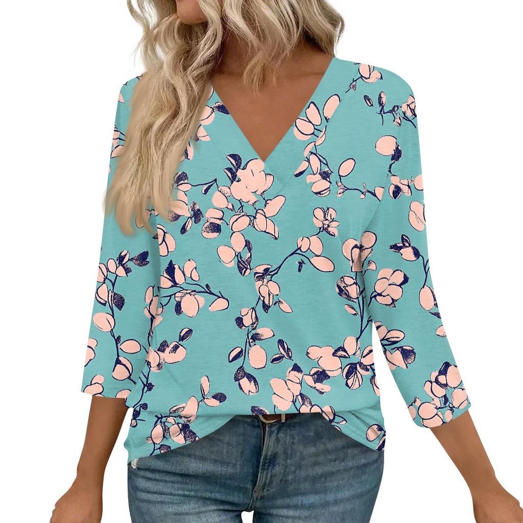 3/4 Length Sleeve Womens Tops V Neck Casual Tunic Tops Basic Shirts Loose Fit Blouse