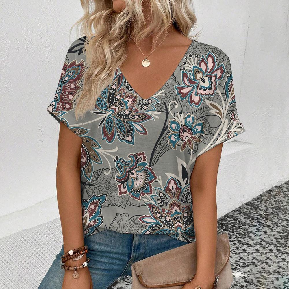 Summer Fashion Loose Casual Women's V-neck Top Green Floral Print Vintage Short Sleeve Personalized Plus Size T-shirt