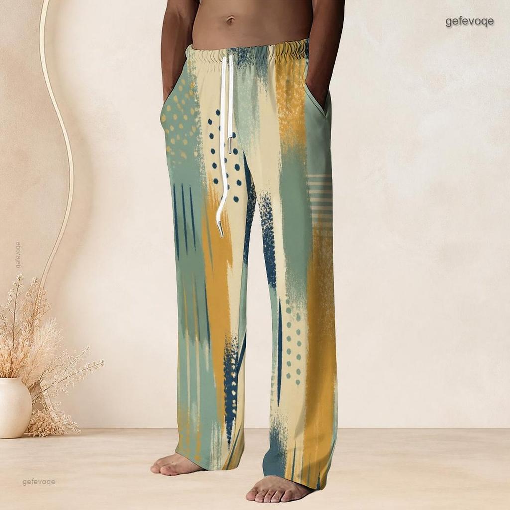 Men S Plus Size Blue Black Ink Splash Printed Drawstring Waist Straight Leg Full Length Beach Pants