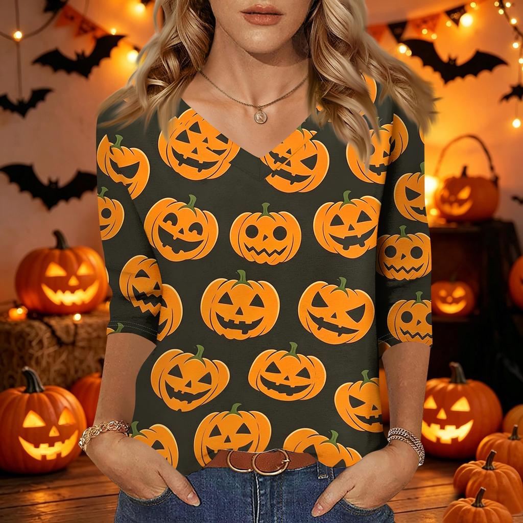 Womens Halloween Print V Neck Top Three Quarter Sleeve Casual Shirt Lightweight Soft Fabric Comfortable Fit Seasonal Style