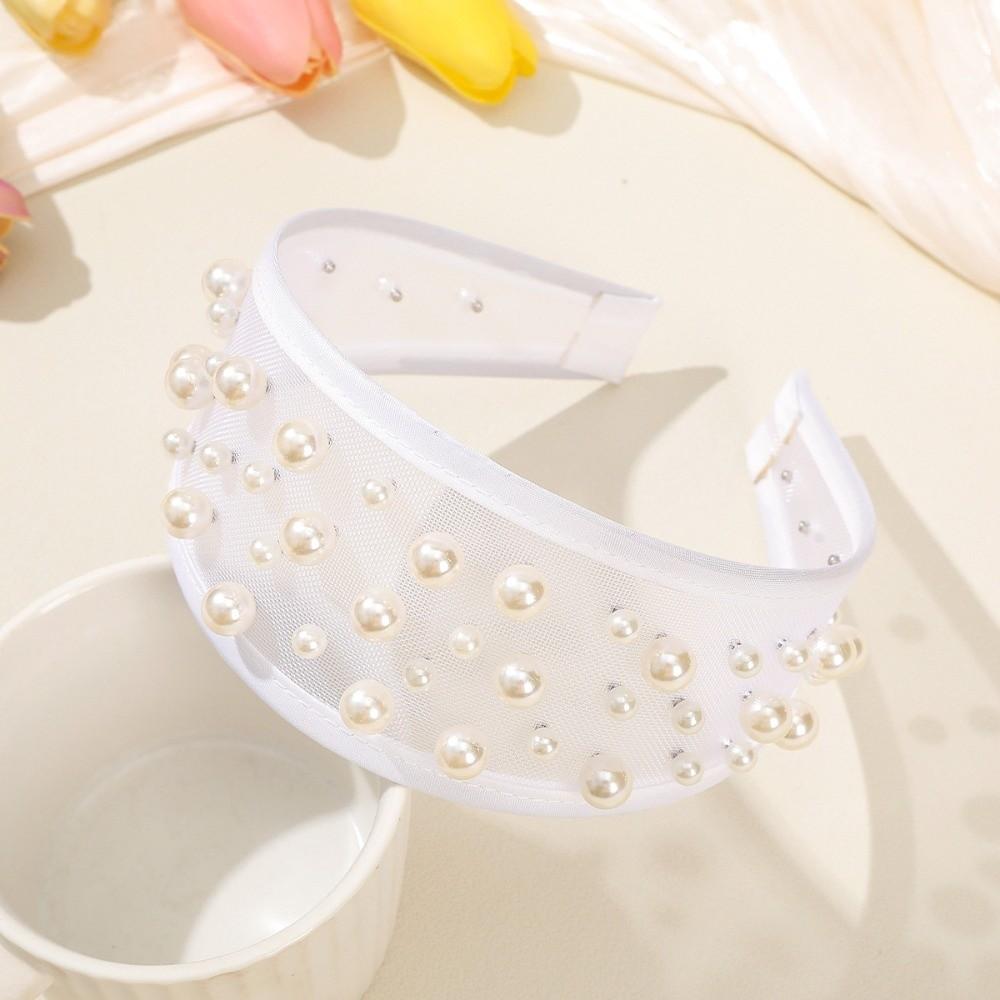 

Headwear Rhinestone Wide Hair Hoop Creative Black White Hairband Mesh Pearls Headband Party Style 5