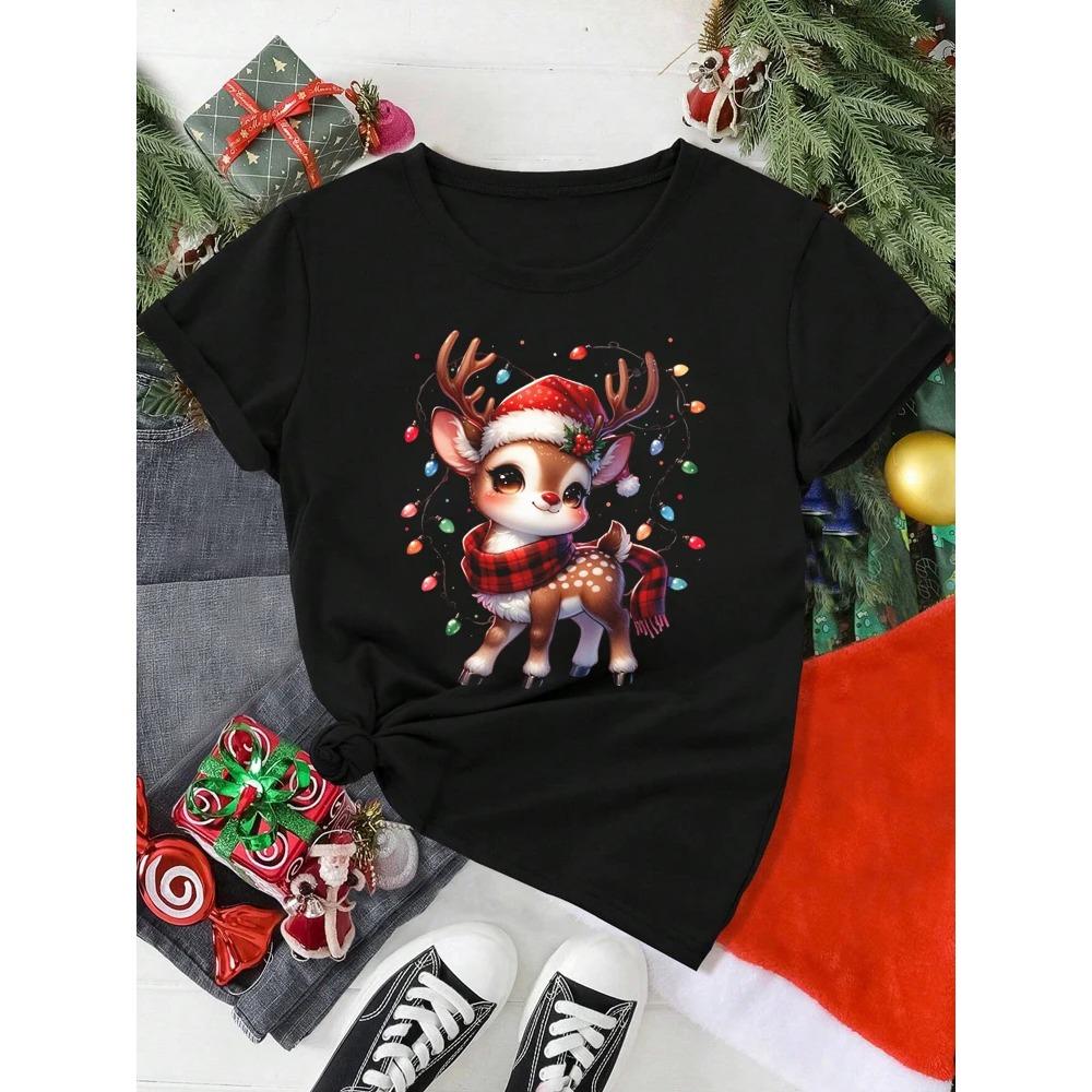 Cute Christmas Reindeer Print Women's T-shirt Cartoon Casual Short Sleeved Round Neck Women's Red T-shirt Women Y2k T-shirt Women