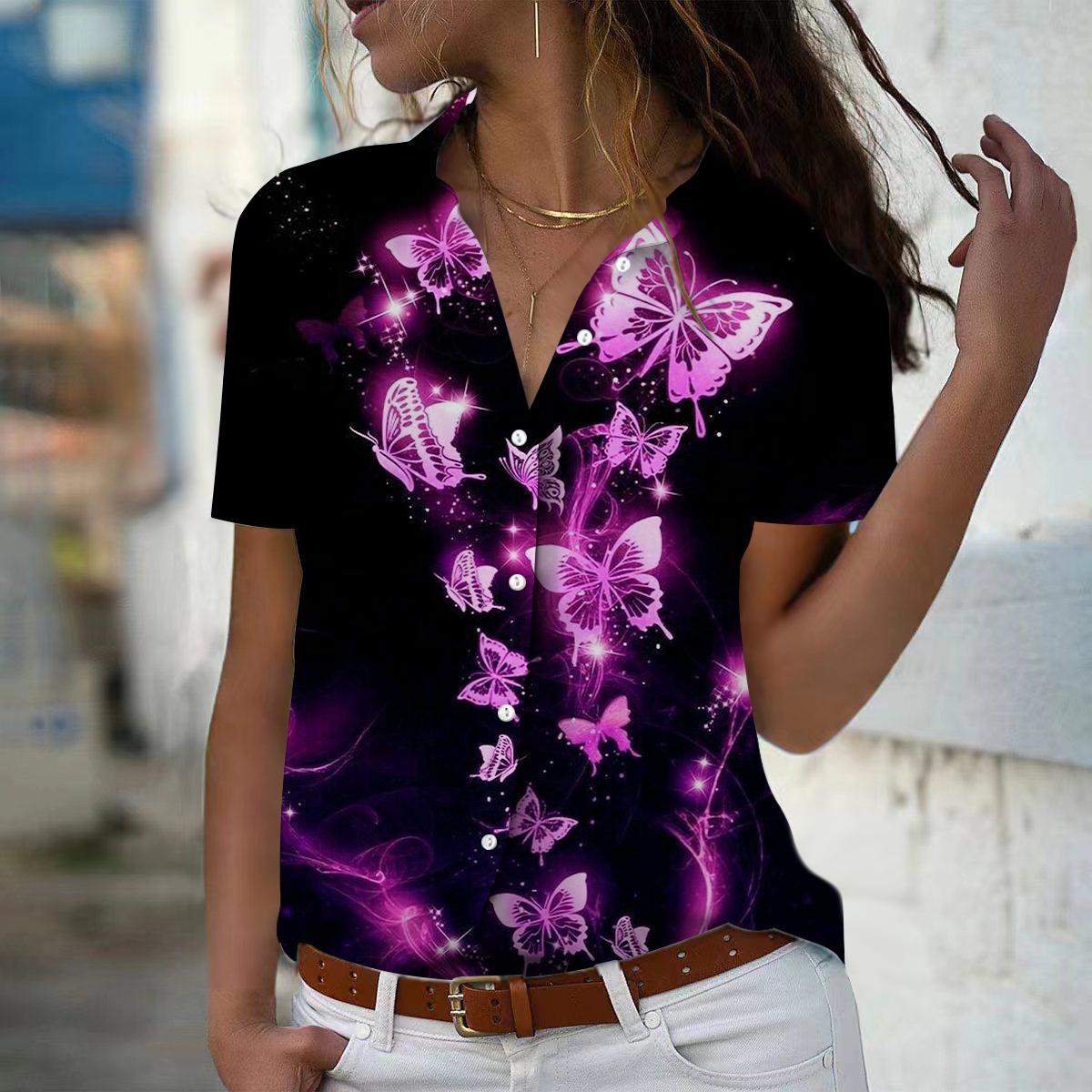 

2025 Summer New Fashion Women s Butterfly Printed Short Sleeve V-neck Casual Button-down Shirt Top XS фіолетовий