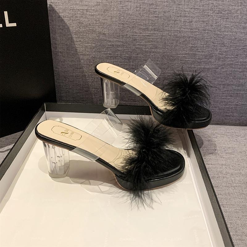 Slippers Women's Summer New Open Toe Plush Fox Fur Chunky with Flip Flops Sexy Home Banquet Square Toe Simple Pumps