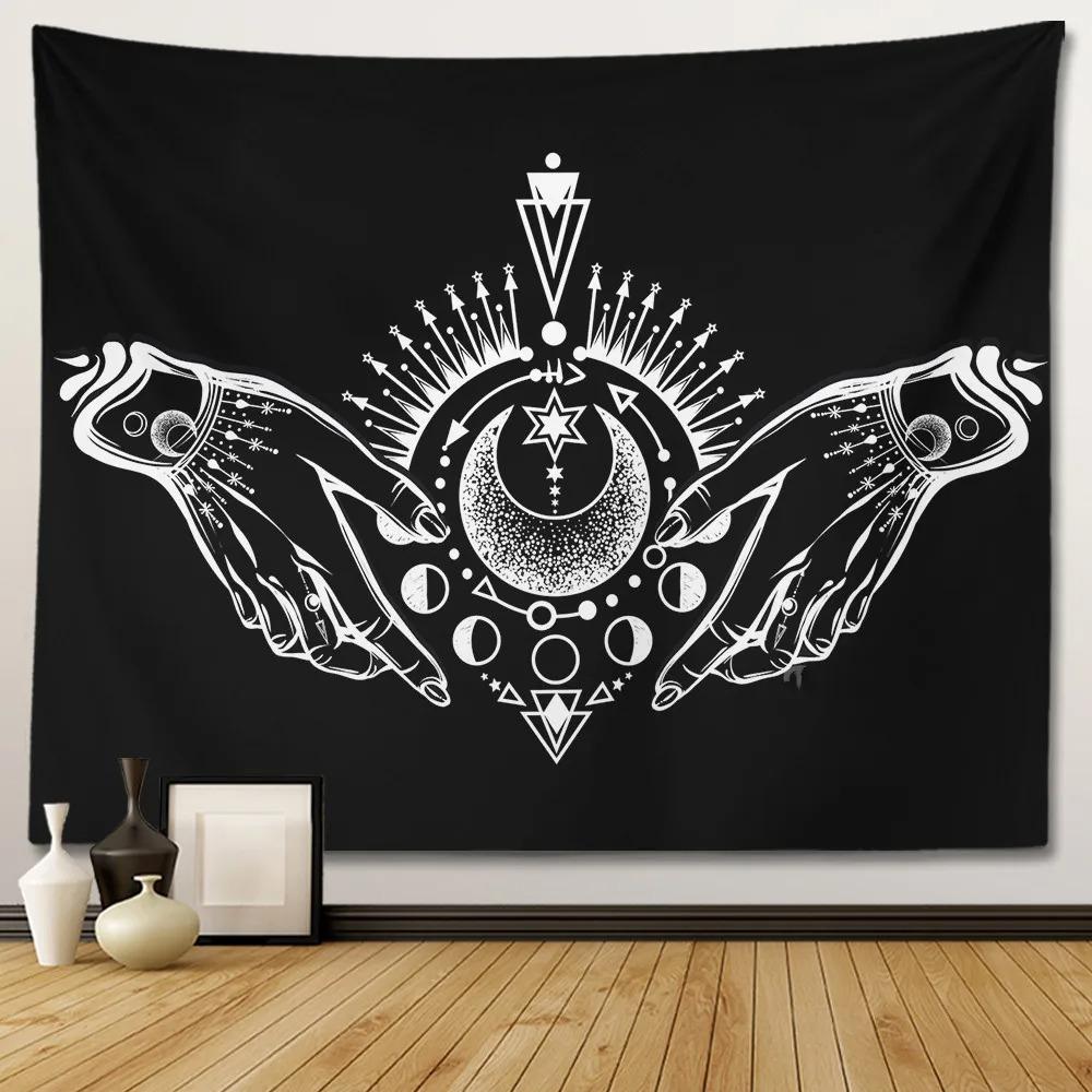 Black and White Moon Hands Tapestry Polyester Witchy Wall Hanging Mystic Gothic Decor for Bedroom Living Room Dorm Background