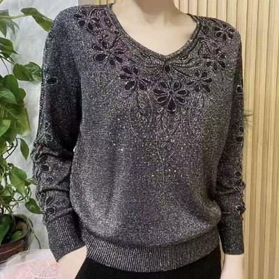 Spring Autumn New V-neck Long Sleeve Sweater Women Rhinestone Patchwork Pullovers Screw Thread Solid Color Tops