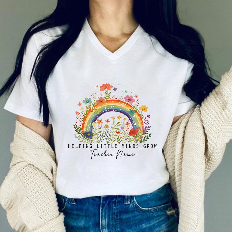 Women Tshirts Flower Helping Little Minds Grow Teacher Shirt Flowers Rainbow Tshirt Women Gift for Teacher Flower Lover Tshirt S