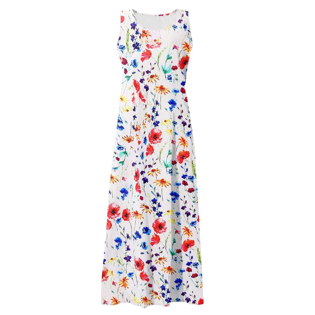 Women's Summer Casual Round Neck Printed Sleeveless Dress With Pockets