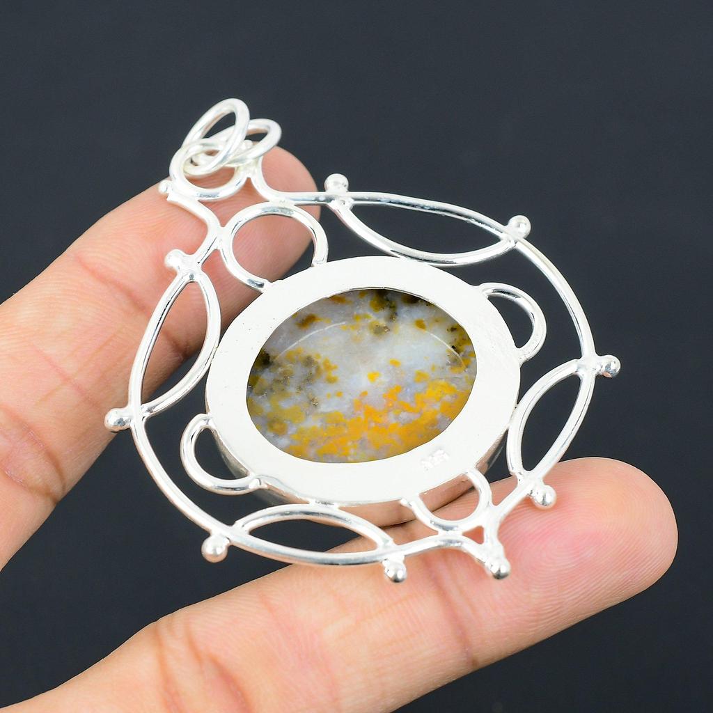 925 Silver Round Plume Agate Gemstone Daughter Unique Trendy New Pendant Jewelry