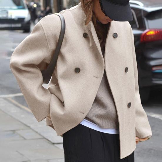 Winter Wool Cropped Peacoat Women's Double Breasted Jacket Fall Casual Long Sleeve Dressy Short Coat