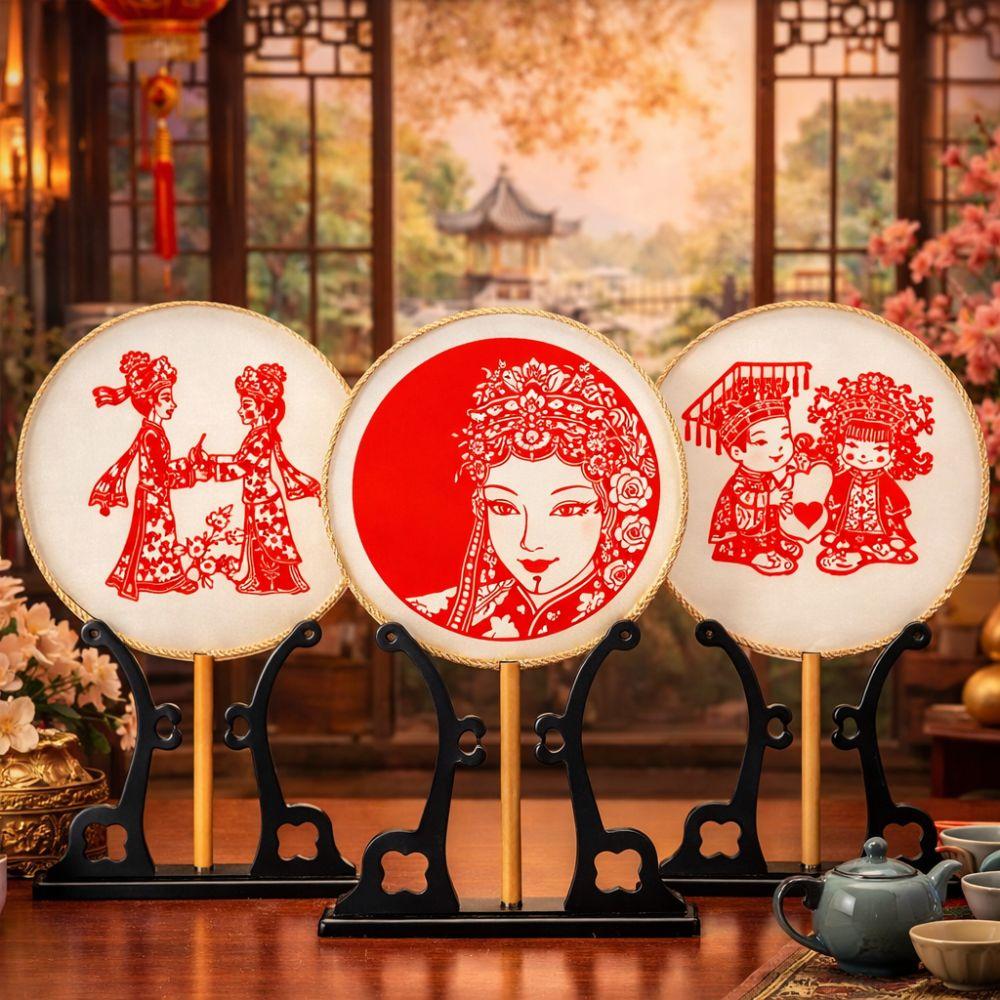 Vintage Chinese Paper-cut Fan Long Handled Group Fan Decorative Fan Round Hand Fan  Dance Props