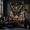 Bohemian Moon Moth Tapestry, Mystical Luna Moth with Floral Accents & Crystals, Wall Art for Celestial & Whimsical Rooms